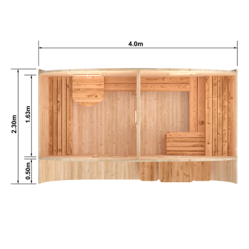 Fasssauna / Gartensauna / Banja / Oval 4,0 m mit Vorraum und Balkon